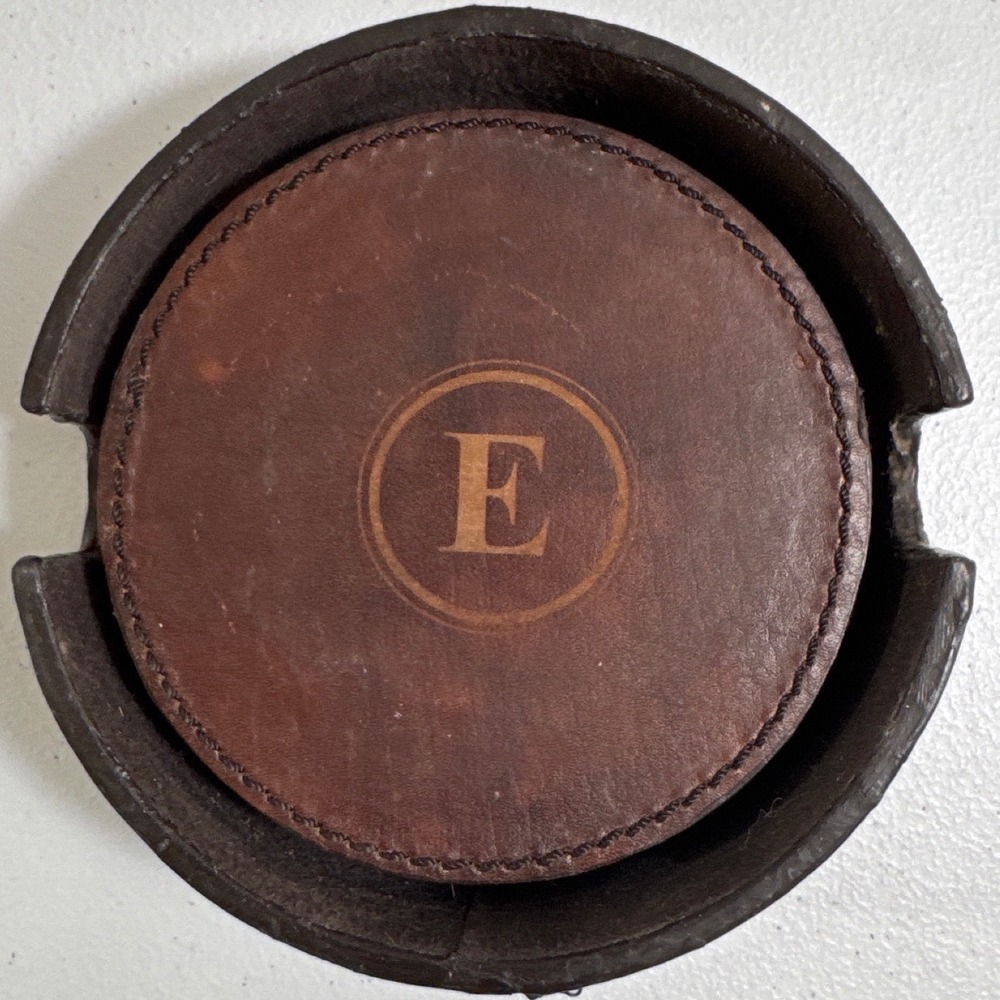 Vintage Leather Monogram E 5*Coasters‎ Set with Holder Barware Drinkware